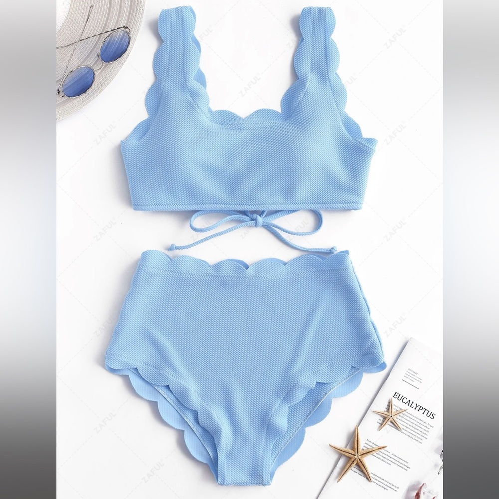 ZAFUL Scalloped Textured High Waisted Bikini Set - Day Sky Blue S